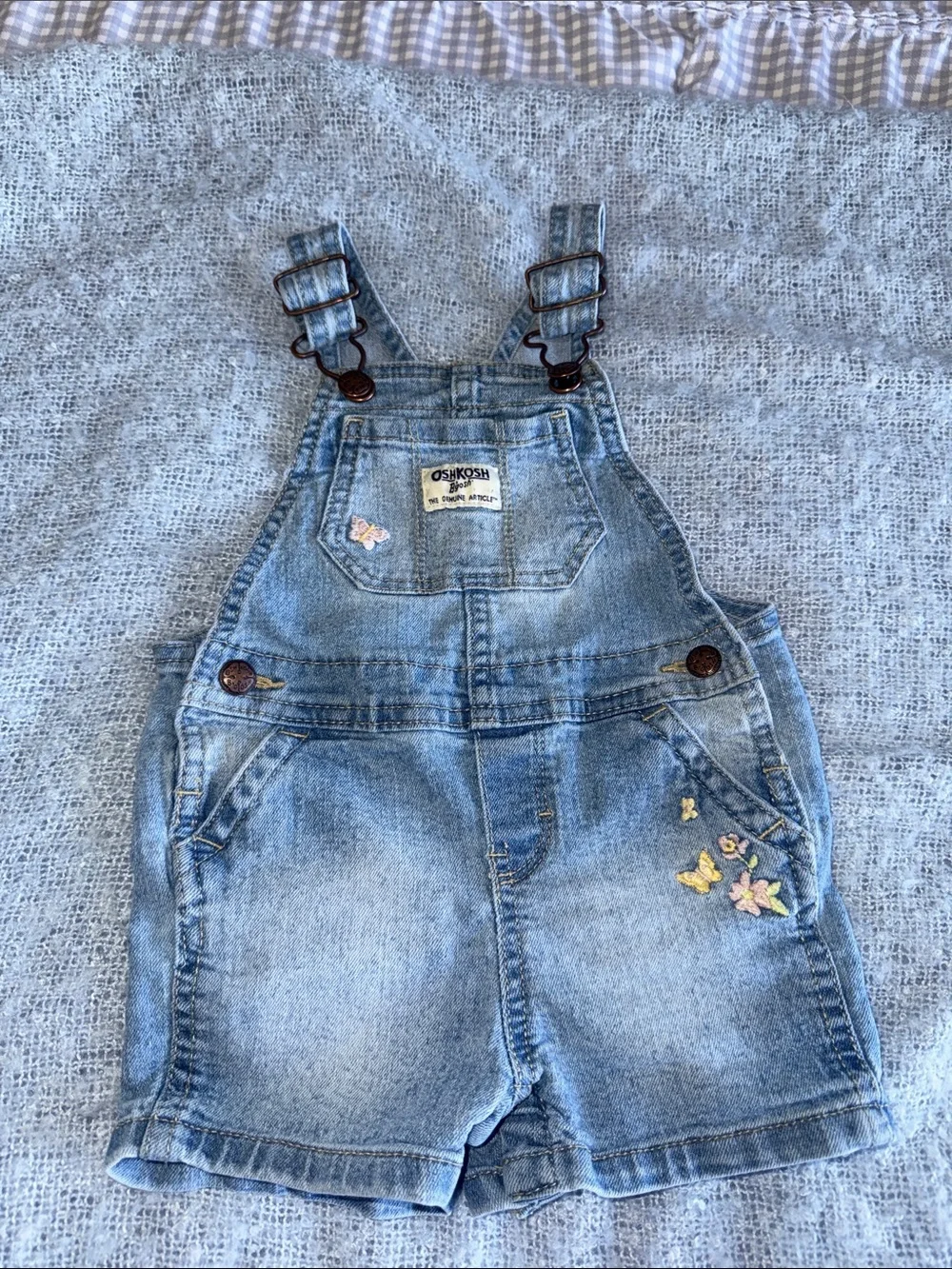 OshKosh B'gosh Light Blue Denim Short Overalls with Floral Embroidery